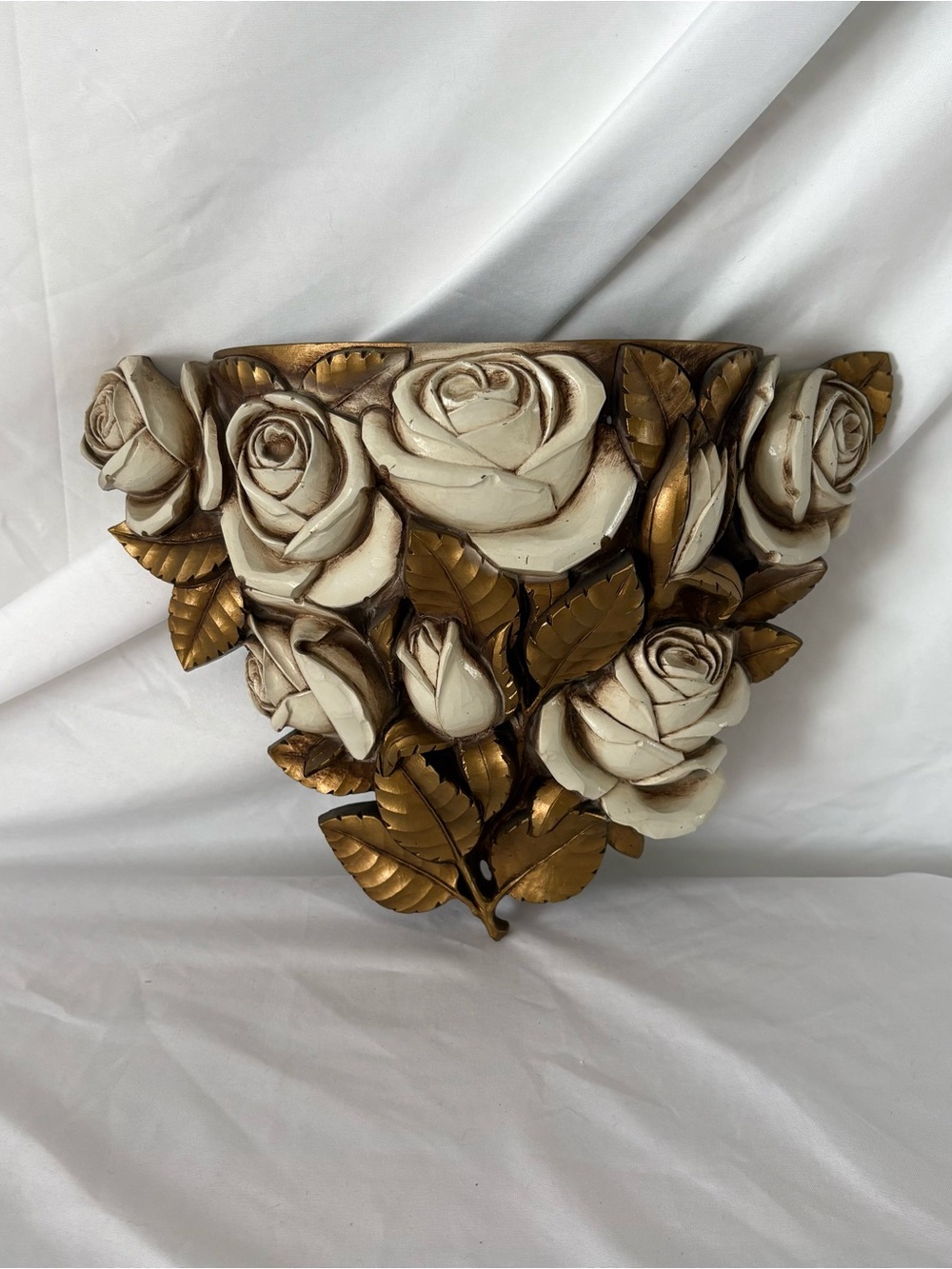 Vintage homco gold cream rose wall pocket holder shelf home decor glam baroque